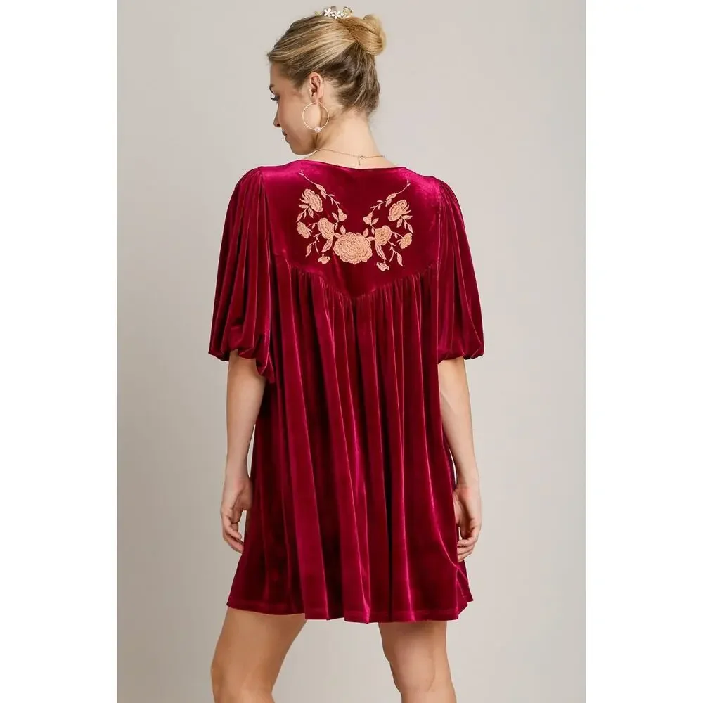 Umgee Embroidered Half Sleeve Velvet Mini Dress with Tassel - R00658 - Size S - Picture 2 of 4
